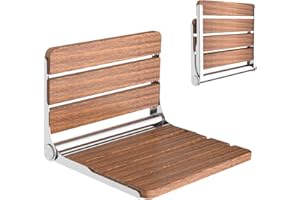 Heuffe Sedia Doccia Pieghevole a Muro - Portata 200kg Schienale Ergonomico, Antiscivolo Anziani/Disabili, Panca Pieghevole Legno Sapeli