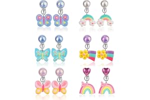 Mikovivi 6 Pairs Colorful Clip on Drop Earrings Set, Resin No Pierced Design Kids Child Dangle Earrings Cute Butterfly Ear Clips for Children Toddler Party Daily Wearing Princess Jewelry
