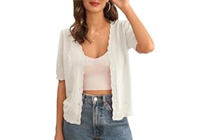 GRACE KARIN Gilet Ajouré à Manches Courtes pour Femme Boléro Uni V-Col Cardigan d'Été Ouverture Bontonnée Haut en Maille Court