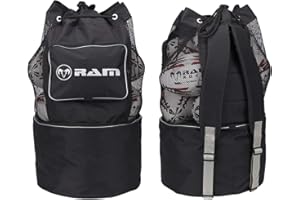Ram Rugby Coaches Ball Bag - Durable Multi-Compartment Storage with Breathable Mesh for 8 Size 5 Balls, Heavy-Duty Vinyl Bottom for Bibs & Cones, Side Pocket, Backpack Straps for Easy Transport