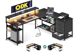 ODK Corner Desk with Drawers, L Shaped Gaming Desk with LED Lights & Power Outlets, Reversible Computer Desks for Home Office Workstation, Office Desks with Monitor Shelf, 155×110 cm, Black