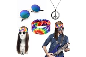 UILYNIU 4 Piezas Disfraz Hippie Hombre Mujer Peluca Hippie Gafas de Sol Collar Colgante Banda Cabello Disfraz de Años 70 80 Peluca Hombre para Fiesta Cosplay Carnaval Halloween (4 Piezas)