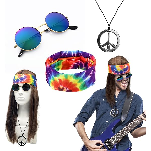 Set Costume Hippie 8 Pezzi Donna - Fascia, Braccialetti, Collane, Orecchini E Occhiali A Cuore Per Feste Anni 60/70