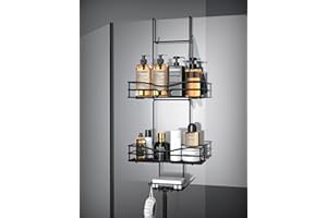 Cooeco Black Hanging Shower Caddy - Rustproof Hanging Shower Shelf with Soap Holder and 6 Hooks, for Glass Bathroom Door Bathroom Storage (Width 5.4CM)