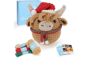 CROCHETBOX Christmas Crochet Kit for Beginners Adults - Christmas Highland Cow Crochet Kit, Crochet Kit for Starter, Include Easy Knitting Soft Yarn, Step-by-Step Video Tutorial, Gift for Adults