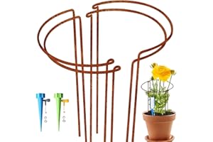 KAZITOO 4 Stück Große 50cm hohe Rostige Bogen-Pflanzenstütze, halbrund Rost-Blumenstütz-Ringkäfig-Rahmen mit 2 selbstbewässernden Spikes, Gartenumrandung für Pfingstrosen, Hortensien(50x27cm)