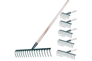 KADAX Rechen aus Metall, Flache Harke mit Stiel aus Holz, Laubbesen für Garten, Beet, Laubrechen, Rasenrechen, grün, Gartengerät, Heurechen, Gartenwerkzeug, Gartenharke (16 Zinken)