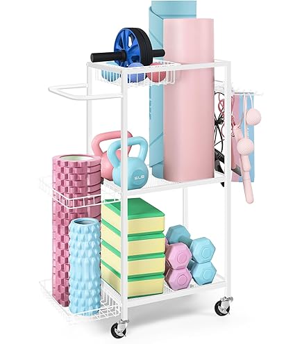 FHXZH Home Gym Opbergrek, Workout Apparatuur Opslag Organizer voor Yoga Mat Yoga Bal Halter Kettlebells Foam Roller Weerstand Bands, Oefenapparatuur Opslag met Haken en Wielen