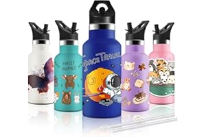 KollyKolla Gourde Isotherme Enfant, Gourde Inox 350ml, Impression 3D Gourde Isotherme Petite, Sans BPA, Gourde Reutilisable, Bouteille Isotherme avec Paille pour Enfant, Adultes, Sport, Bureau