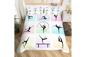 MANFEI Gymnastik Bettwäsche Set S Größe,Gymnast Silhouette Bettbezug Set Kinder Mädchen Frau Teens Zimmer Dekor,Sport Tanzen Liebhaber Tröster Abdeckung Bunte Gitter Patchwork Quilt Cover,1 Kissenbezug