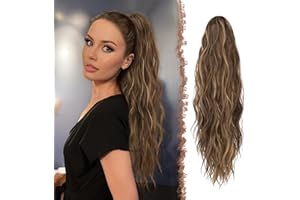 ‎FESHFEN FESHFEN Gewellt Pferdeschwanz Haarteil mit Klammer, Cruly Lang Zopf Extensions Claw Clip in Wavy Ponytail Extension Synthetik Haarverlängerung für Frauen Damen 63cm Honigblond Gemischt Hellbraun