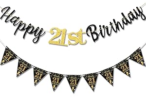 TOPWAYS 21st Birthday Decoration Banner Boys Girls, Black Gold Happy21st Birthday Banner for Women Men 21st Party Decorations (Birthday21st)