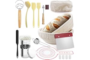 AISCHENS Kit Complet pour Démarrage de Levain Naturel 14 Pièces:Panier à Pain Ovale 25 cm et Panier à Pain Rond 23 cm,Support en Silicone pour Pain,Pot de Fermentation pour Levure,Mélangeur à Pâte