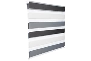 WOLTU Store Enrouleur Jour Nuit sans Perçage, Store Zébré en Double Tissu, Rideau Translucide et Occultant, Protection de la Vie Privée, Montage Facile avec Clips, 55x150cm, Blanc + Gris + Anthracite