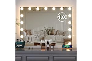 Buildonely Schminkspiegel mit Beleuchtung, 17 LED Licht Dimmbare 3 Lichtmodi, Groß Hollywood Spiegel mit Beleuchtung mit 10X Vergrößerung, Tischspiegel, Wandspiegel, Touch Control-60x50cm