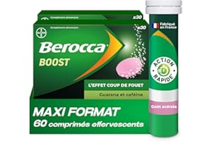 Berocca® Boost - Effet coup de fouet - Aide à réduire la fatigue -Vitamine B12, Guarana, Caféine, Vitamine C et Magnésium, Goût Acérola - Complément Alimentaire - 2x30 cp effervescents