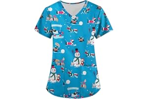 FTRGHNY Christmas Scrubs Tops Nurse Womens Nursing Uniforms Beauty Tunics Christmas Tree Santa Snowman Cute Printed V Neck Salons Wrap Mock Christmas Work Tops Health Care Uniform