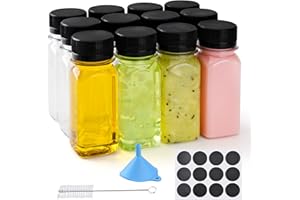V·COLOKISHI 12 pcs 2oz Small Plastic Juice Bottles with Lids，Reusable Leak proof Ginger Shots Bottle with Black caps, Wellness Mini Jars Plastic Containers for Smoothie, Water, Milk and Other Beverages