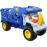 Hot Wheels Monster Trucks Rhino Carrier Truck carries 12 1:64 scale Monster Trucks or 32 Hot Wheels vehicles, launches