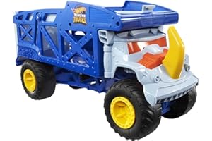 HOT WHEELS Monster Trucks Transporter Nashorn - Schlepper, Platz für 12 Monster Trucks oder 32 Hot Wheels, mit Startrampe, für Kinder ab 3 Jahren, HFB13