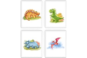WIETRE® 4er Set Bilder Dinosaurier Kinderzimmer Babyzimmer Deko | Bild Junge Mädchen Poster DIN A4 | Dinos T-Rex Tiere (mit weiße Rahmen)
