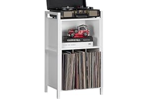 YAHARBO White Record Player Stand, 3-Shelf Vinyl Record Holder with Storage, Vintage Turntable Stand Holds Up to 100 Albums, Record Table with Handle for Living Room, Bedroom, Office