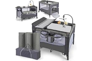 COSTWAY Łóżeczko dziecięce 5 w 1, łóżeczko turystyczne dla niemowląt z materacem, łóżeczko dostawne z regulacją wysokości, ze stolikiem do przewijania, pasem bezpieczeństwa, pozytywką i zabawką