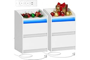 ‎HZUANERI Hzuaneri Nachttische 2er Set mit LED-Lichtern, Ladestation und 2 Schubladen, Beistelltisch mit USB-Anschlüssen & Steckdosen, Stilvoll und vielseitig, für Wohnzimmer und Schlafzimmer, Weiß NS30103X
