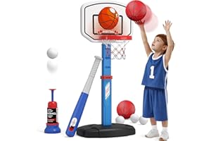 HYES 2 in 1 Basketballkorb Kinder Spielzeug, Basketballkorb Indoor Outdoor Baseball Set ab 2 3 4 Jahre Kinder, mit Pitching Maschine, Baseballschläger, Geschenke für Jungen Mädchen, Blau
