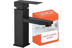 SOVICA Grifo lavabo negro mate acero inoxidable monomando agua fria y caliente con 2 mangueras incluidas grifo baño negro