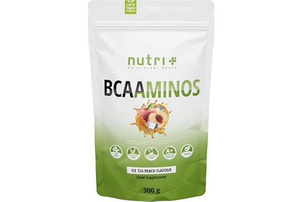 Nutri + BCAA Poudre Instantanée Vegan - Acides aminés BCAA hautement dosés - L-Leucine L-Isoleucine L-Valine 2:1:1 - Amino Acids - Arôme Thé glacé à la pêche - Ice-Tea Peach 300 g