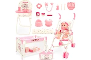 deAO Dockvagns Set för Flickor, Leksaksset med Dockvagn, Säng, Barnstol & Tillbehör, 30 cm Baby Docka - Realistiskt Rollspel för Flickor 3+ År - Populär Present för Födelsedag