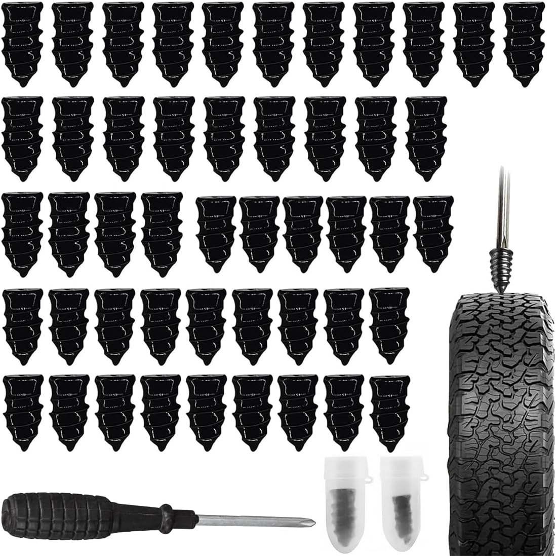 EJRUP 50 Piezas Kit Repara Pinchazos Coche,Clavo de Goma para Neumáticos, Clavo de Goma con Destornillador,2 Tamaños Tire Repair Studs with Screwdriver,para Moto, Coche, Camión, Bicicleta (25S+25L)