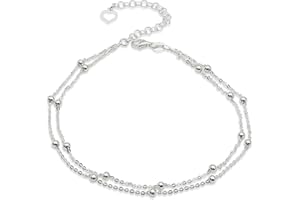 Aka Gioielli® - Tobillera de Plata de Primera Ley 925 para Mujer - Pulsera para Tobillo de Doble Cadena con Bolas Intercaladas - largo ajustable