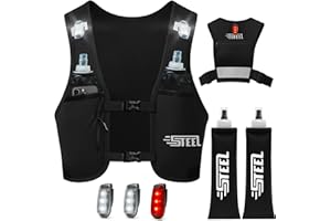 STEEL Gilet Running d'hydratation Réfléchissant LED Recheargeable, Porte-Bouteille d'eau, Ajustable, Gilet léger, Gourde d'hydratation de 500 ML pour randonnée, Trail, Running