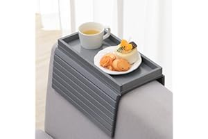 GEHE Sofa Tray Bamboo Sofa Arm Table Couch Tray Wooden Sofa Armrest Side Table, Armchair Table for Snacks, Phone, Control, Cups, Flexible & Foldable, Grey