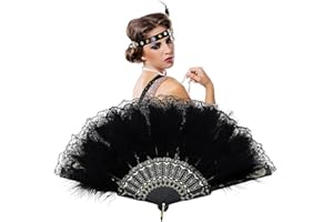 FUKPO Fächer Federn Schwarz, Federfächer 1920er Handfächer Spitze Vintage Feather Fan, Spitzenfächer Fächer Feder 20er Jahre Damen Kostüm Tanzen Show Hochzeit Karneval Party Flapper Zubehör