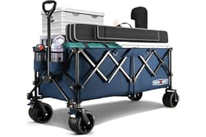 Overmont 300L Extra Large Folding Festival Trolley Cart - All-terrain Wide Wheels and Brake - Heavy Duty Cart Load up 200KG - with Adjustable Handle & Cover Bag - Wagon for Beach Camping Garden blue