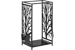 HOMCOM Porte bûches - Range bûches Serviteur de cheminée Arbre - Multi Accessoires étagère 46L x 29l x 70H cm Acier Noir