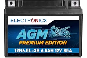 Electronicx AGM Motorradbatterie 12N6.5 L-3B – 12V 6,5Ah 85A – Starterbatterie – auslaufsicher, wartungsfrei, versiegelt, vibrationsfest, kompakt, langlebig – ideal für Roller, Motorrad, Quad und ATV