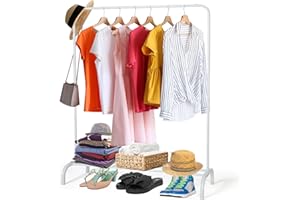 JUMUA Metal Clothing Rack Garment Rack, Closet Rack Heavy Duty Hanging Racks for Clothes with Top Rod and Storage Bottom Shelf, Clothes Rail Hanger Stand Free for Hanging Coats, Skirts, Shirts 43.5 In-White