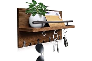 twirush Schlüsselbrett mit Ablage, Holz Schlüsselhalter mit 4 Doppel Schlüsselhaken, Dekorative Wandorganizer mit Ablage, Wand Schlüsselkasten Vintage für Eingang, Wohnzimmer, Flur (Braun)