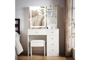 ‎SAIMEIHOME Saimeihome Schminktisch mit Spiegel und Hocker, Frisiertisch mit LED Beleuchtung in 3 Farben und Einstellbarer Helligkeit, Schminktisch für Schlafzimmer Kinderzimmer -90x40x140cm