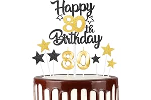 MCISKIN Black Gold 80th Happy Birthday Candles Cake Toppers Set, Number 80 Candle for Cake, Gold Candles for Women Men Birthday Decorations, Star Cake Toppers for Girls Boys Birthday Party Wedding Anniversary