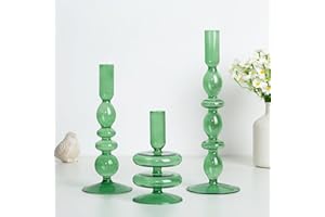 Hewory Glass Candlesticks Candle Holders：3pcs Green Candle Sticks Holder Coloured Bubble Candlestick Holders for Tapered Candles，Decorative Candle Holder for Christmas Table Decoration Home Decor