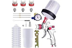 ROIIKETU HVLP Spray Gun, Paint Sprayer with 10pcs 600ML Disposable Cups&Pressure Gauge, Car Spray Gun Kit with 3 Nozzles 1.4/1.7/2mm&Nozzle Paint Mixing Quick Cup for Car Furniture Painting (Red)