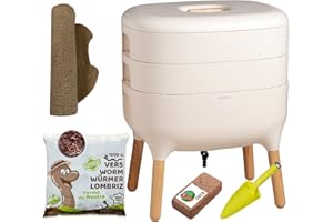 WORMBOX Moutta I Urbalive 2 Bandejas Marfil, Kit Completo I Diseño Vermicompostaje I 500g lombrices / 1000 uds. I Sustrato Inicial I Estera de cáñamo + Pala I Interior, balcón y jardín