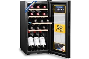 Sommertal Weinkühlschrank mit Glastür WK50 – 15 Flaschen, 5–20C° einstellbar, abschließbar, LED-Beleuchtung, Glastür, Touchscreen, 4 Holz-Einlegeböden, leise & energiesparend, UV-Schutz Verglasung