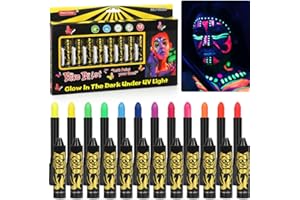 O-KINEE Fluorescenti Matite Trucco Viso e Corpo, 12 Colori Truccabimbi Viso, Trucco Neon UV Face Paint, Body Painting Colori per Pancia Gravidanza, Trucchi Fluo Party Neon Glow Fluo per Halloween Carnevale