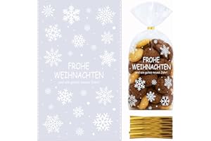JOYEASE Plätzchentüten, 100 Stück Kekstüten Weihnachten, Bodenbeutel Frohe Weihnachten 14.5x24cm, Weihnachtstüten zum Befüllen, Schneeflocke Cellophantüten für Kekse Süßigkeiten